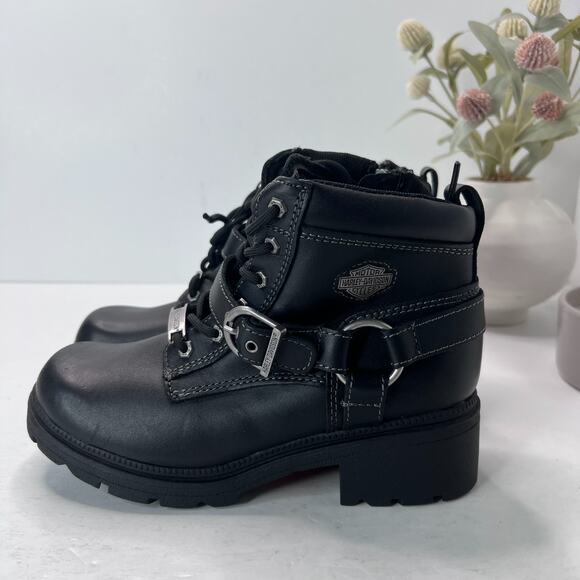 Harley Davidson Tegan Leather Harness Lace Up Ankle Boots Black Women 6.5M NWOB - Picture 1 of 9